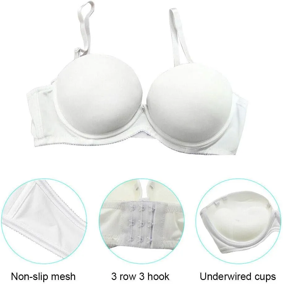 Women's Strapless Push Up Bra Underwired Thick Padded Low Cut T-Shirt Convertible Supportive Bras with Clear Straps