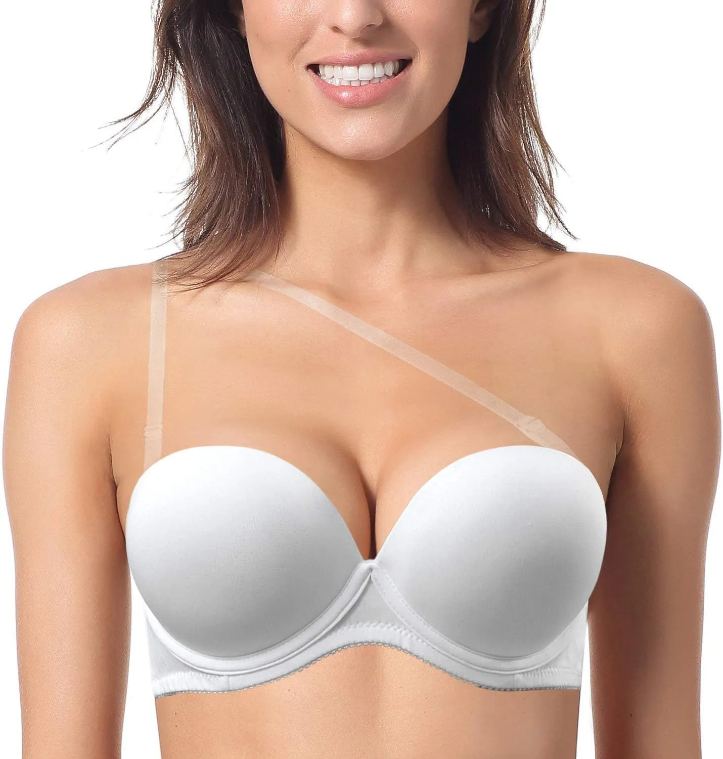 Women's Strapless Push Up Bra Underwired Thick Padded Low Cut T-Shirt Convertible Supportive Bras with Clear Straps