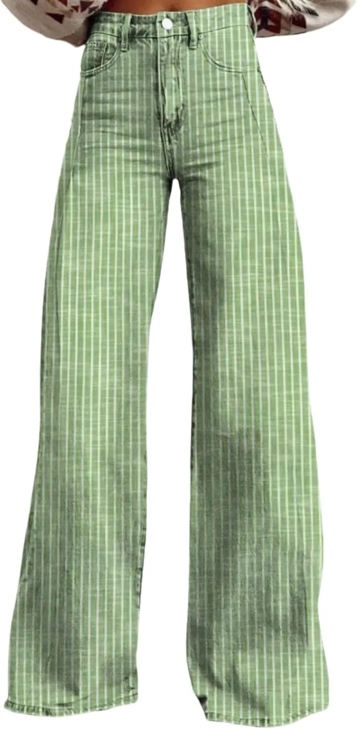 Womens Striped Wide Leg Jeans Y2K Bell Bottom Low Waisted Flare Jeans Casual Baggy Bootcut Denim Pants