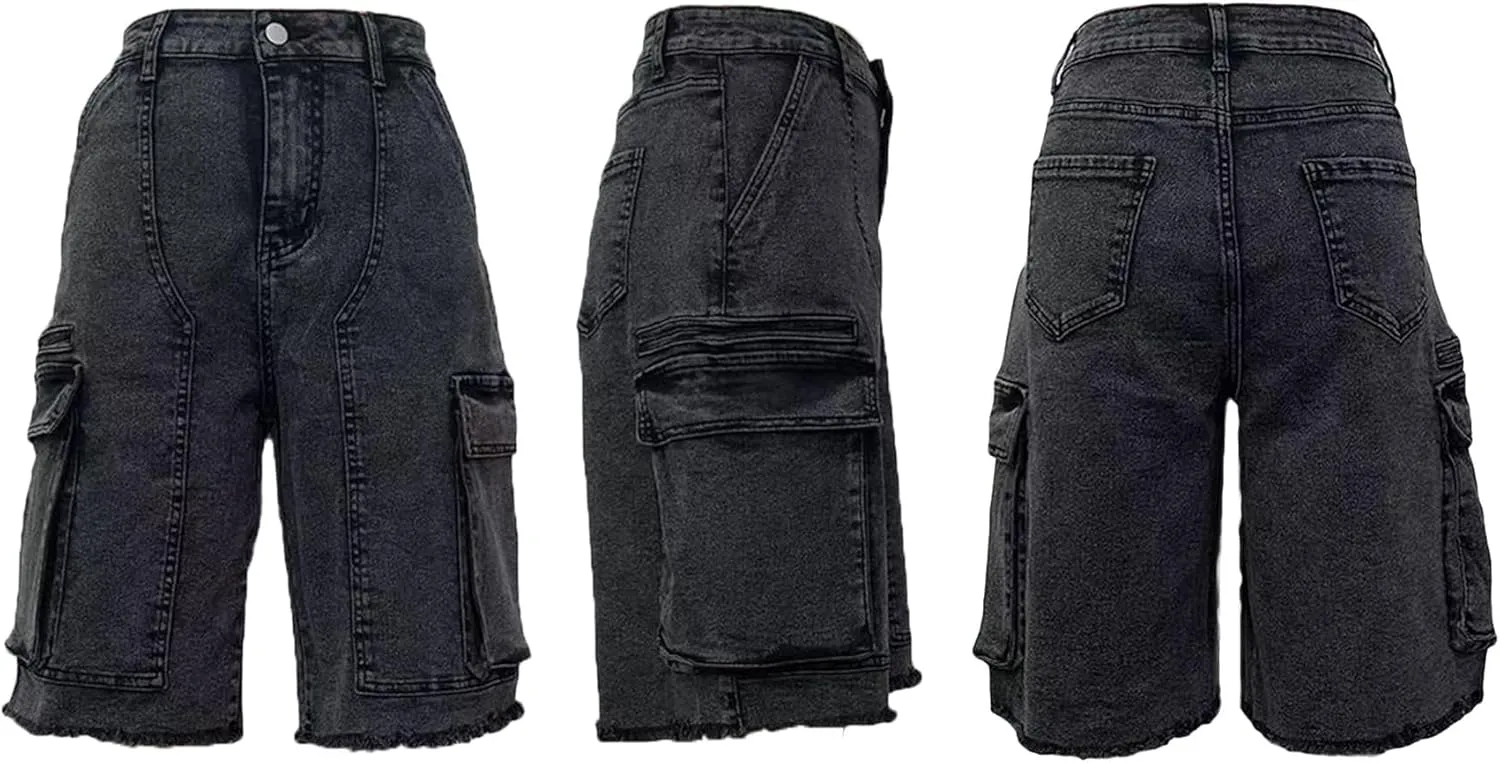 Women's Summer Bermuda Knee Length Denim Shorts High Waist Casual Baggy Cargo Short Jean Pants Trendy