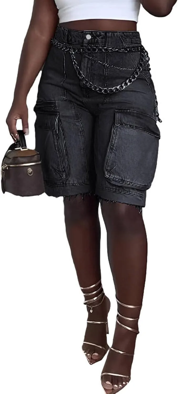 Women's Summer Bermuda Knee Length Denim Shorts High Waist Casual Baggy Cargo Short Jean Pants Trendy