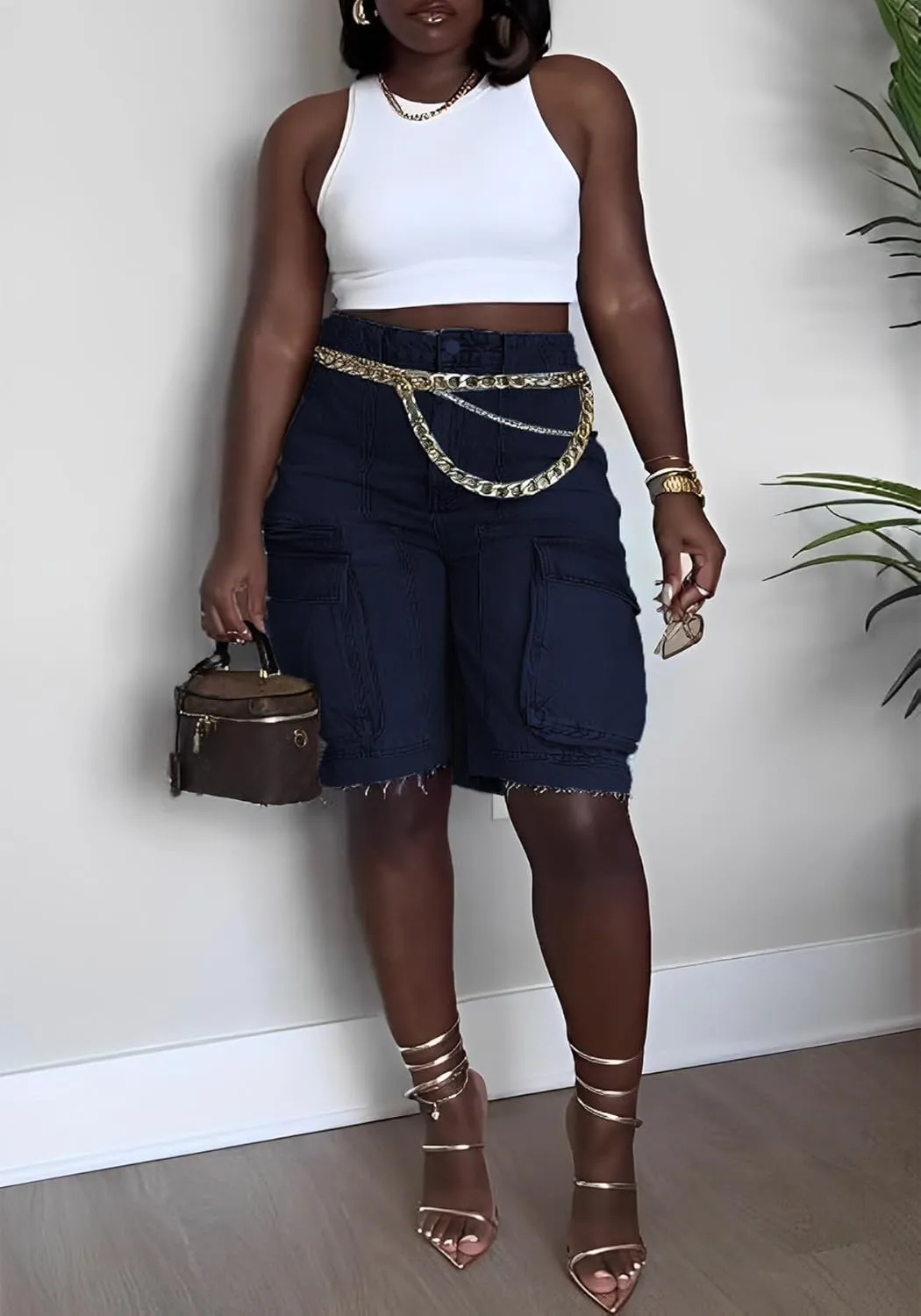 Women's Summer Bermuda Knee Length Denim Shorts High Waist Casual Baggy Cargo Short Jean Pants Trendy