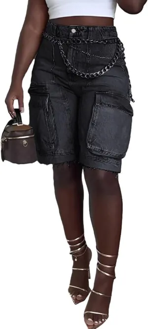 Women's Summer Bermuda Knee Length Denim Shorts High Waist Casual Baggy Cargo Short Jean Pants Trendy