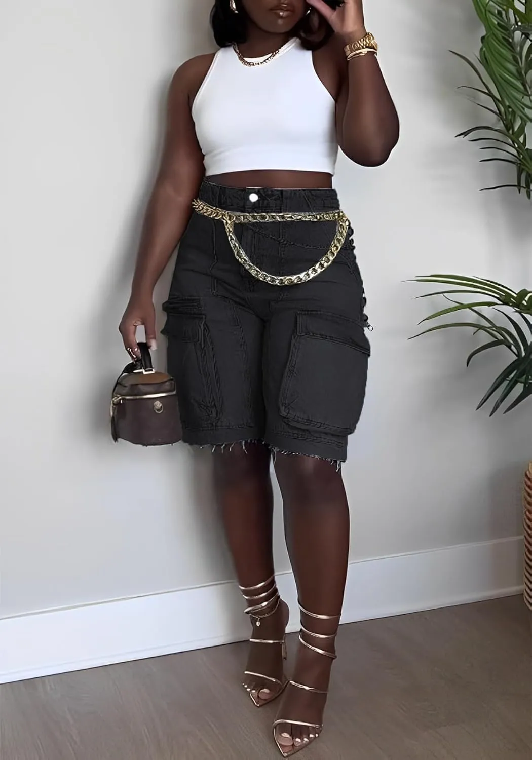 Women's Summer Bermuda Knee Length Denim Shorts High Waist Casual Baggy Cargo Short Jean Pants Trendy