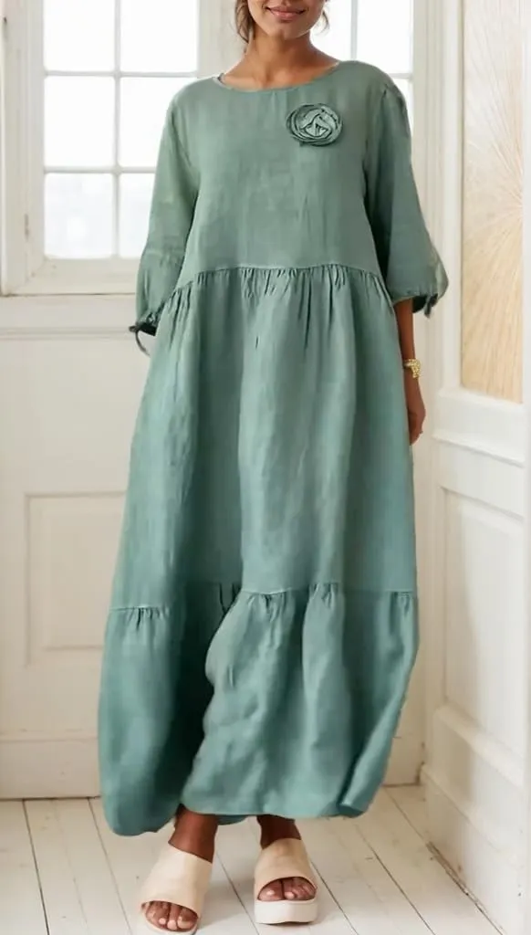 Women's Summer Cotton Linen Maxi Dress Flower Decor Round Neck 3/4 Sleeve Tiered Vacation Casual Flowy Dress