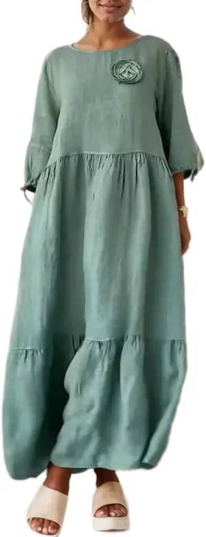 Women's Summer Cotton Linen Maxi Dress Flower Decor Round Neck 3/4 Sleeve Tiered Vacation Casual Flowy Dress