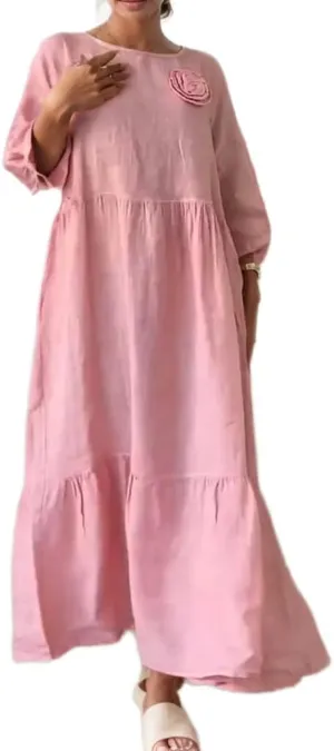 Women's Summer Cotton Linen Maxi Dress Flower Decor Round Neck 3/4 Sleeve Tiered Vacation Casual Flowy Dress