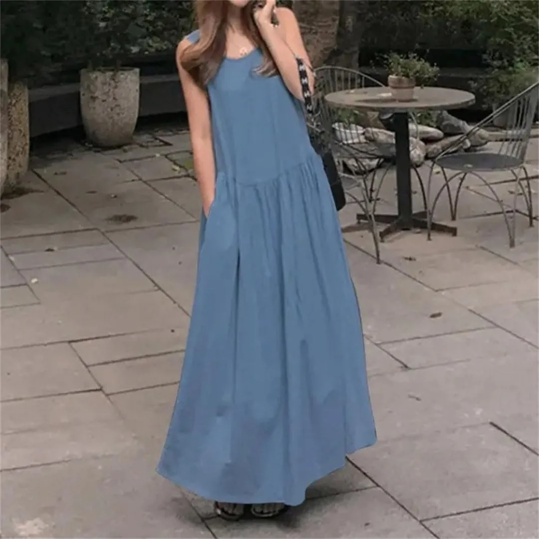 Women's Summer Denim Dress Sleeveless Tank Vestidos Female Pleated Beach Robe Solid Holiday Casual Dresses