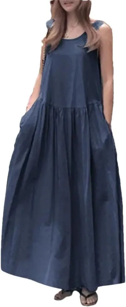 Women's Summer Denim Dress Sleeveless Tank Vestidos Female Pleated Beach Robe Solid Holiday Casual Dresses