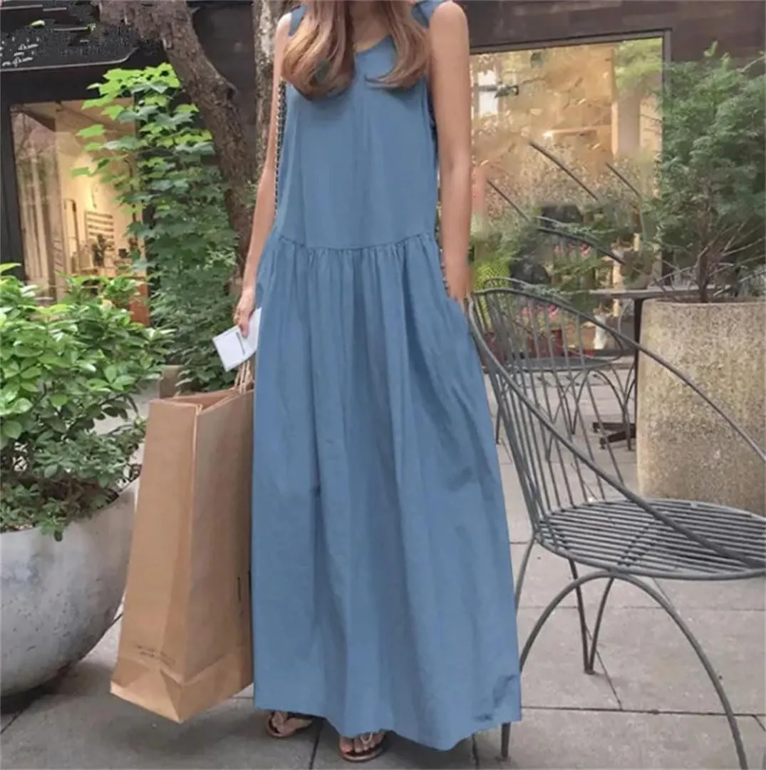 Women's Summer Denim Dress Sleeveless Tank Vestidos Female Pleated Beach Robe Solid Holiday Casual Dresses