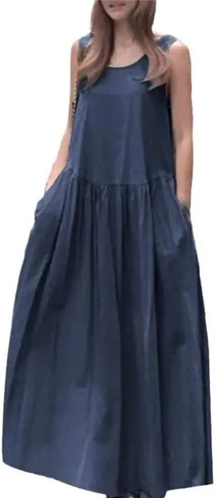 Women's Summer Denim Dress Sleeveless Tank Vestidos Female Pleated Beach Robe Solid Holiday Casual Dresses