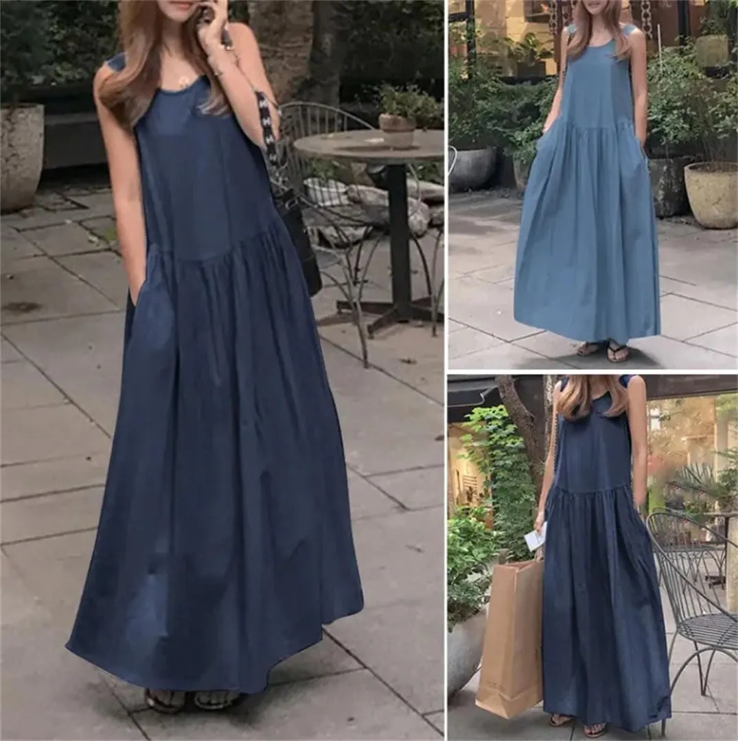 Women's Summer Denim Dress Sleeveless Tank Vestidos Female Pleated Beach Robe Solid Holiday Casual Dresses