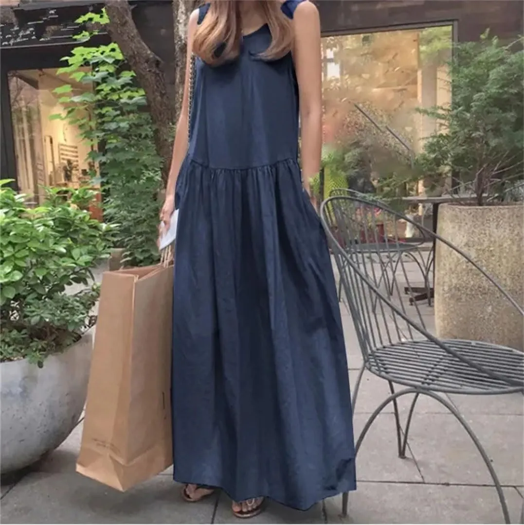 Women's Summer Denim Dress Sleeveless Tank Vestidos Female Pleated Beach Robe Solid Holiday Casual Dresses