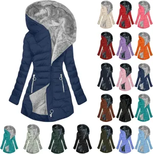 Women's Thicken Fleece Lined Winter Coats Warm Mid-Length Jacket Full Zip Trendy Puffer Jacket with Pockets