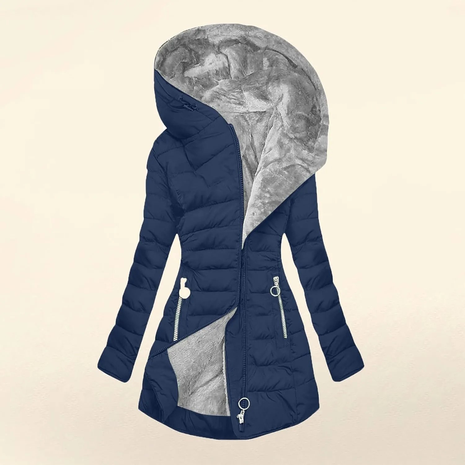 Women's Thicken Fleece Lined Winter Coats Warm Mid-Length Jacket Full Zip Trendy Puffer Jacket with Pockets