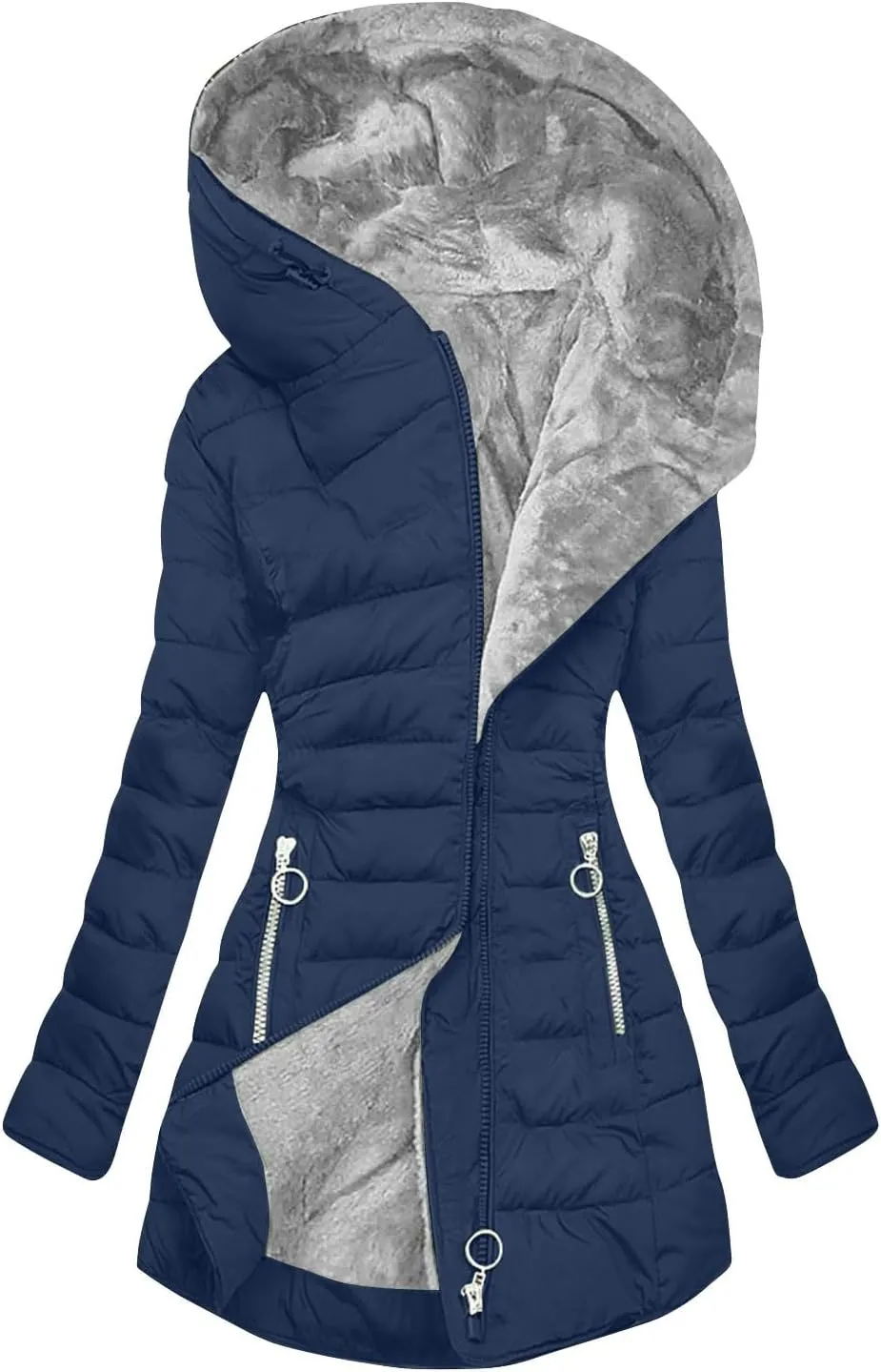Women's Thicken Fleece Lined Winter Coats Warm Mid-Length Jacket Full Zip Trendy Puffer Jacket with Pockets