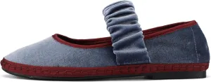 Women's Velvet Mary Jane Flats Round Toe Ballet Shoes Wide Strap Design with Burgundy Trim