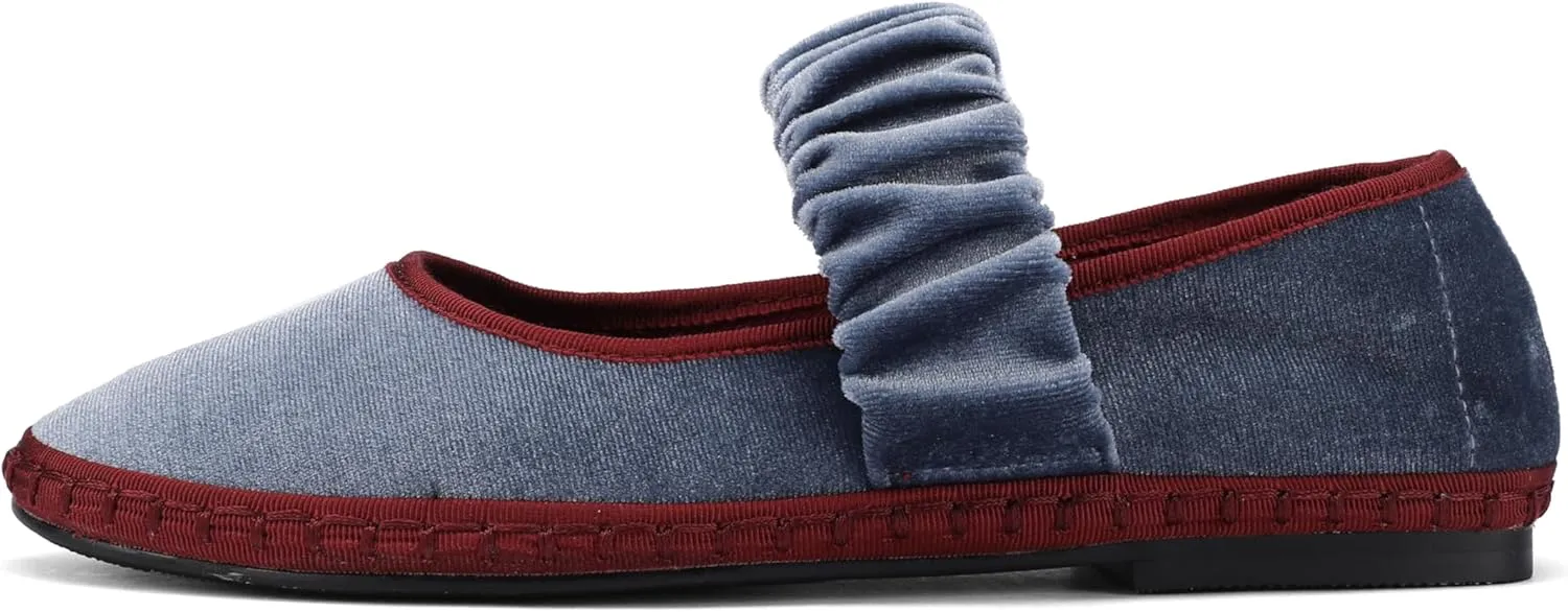 Women's Velvet Mary Jane Flats Round Toe Ballet Shoes Wide Strap Design with Burgundy Trim