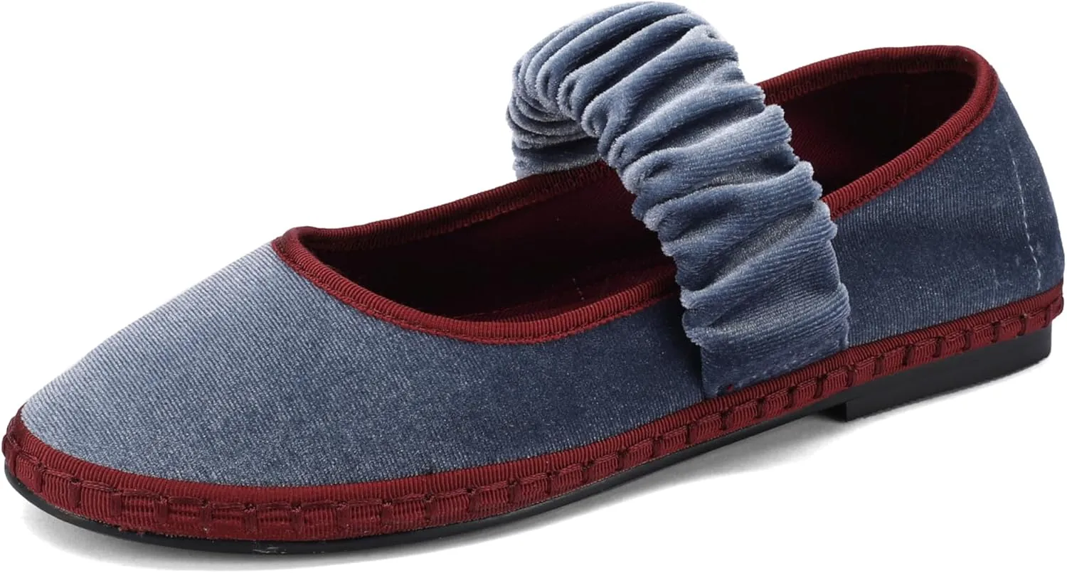 Women's Velvet Mary Jane Flats Round Toe Ballet Shoes Wide Strap Design with Burgundy Trim
