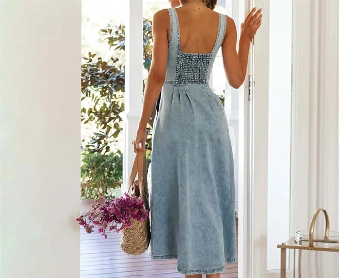 Womens Vintage Denim Dresses for Sleeveless Button A Line Party Jean Dress