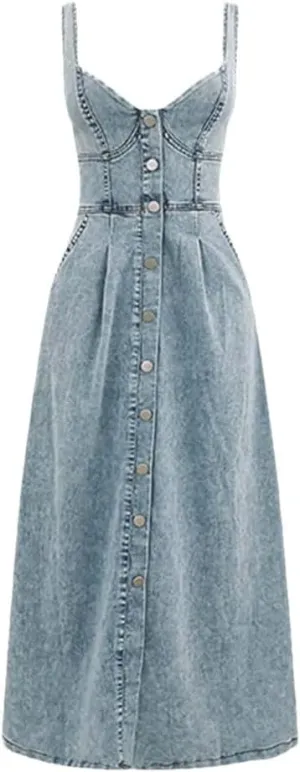 Womens Vintage Denim Dresses for Sleeveless Button A Line Party Jean Dress