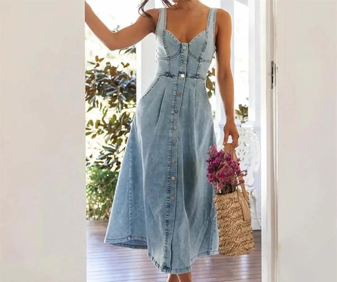 Womens Vintage Denim Dresses for Sleeveless Button A Line Party Jean Dress
