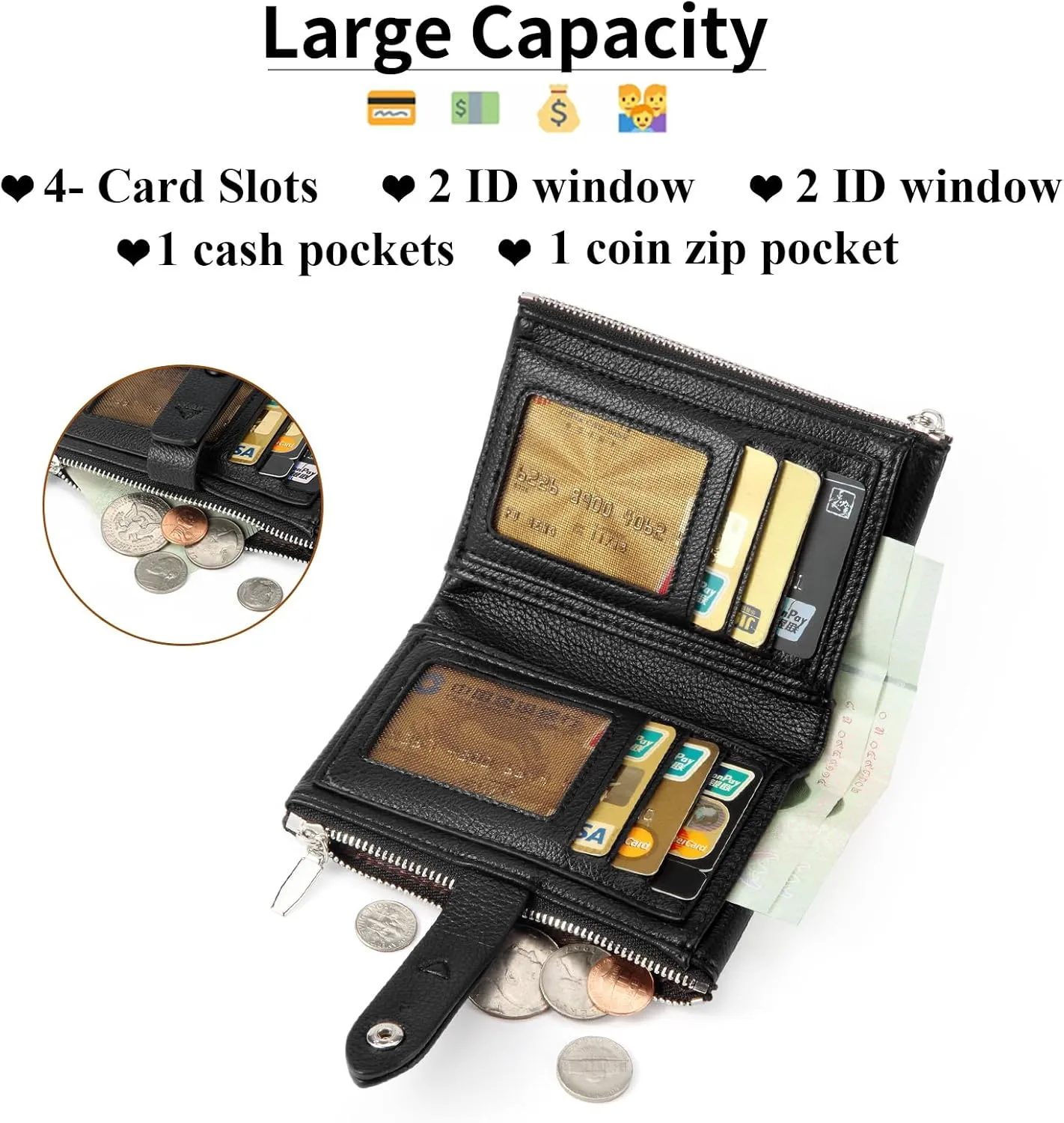 Women's Wallet, PU Leather Wallet Small Purse, Multifunctional Slim Bifold Zipper Clutch Purse, Large Capacity Card Holder Small Women's Wallet for Women, 04black, Retro