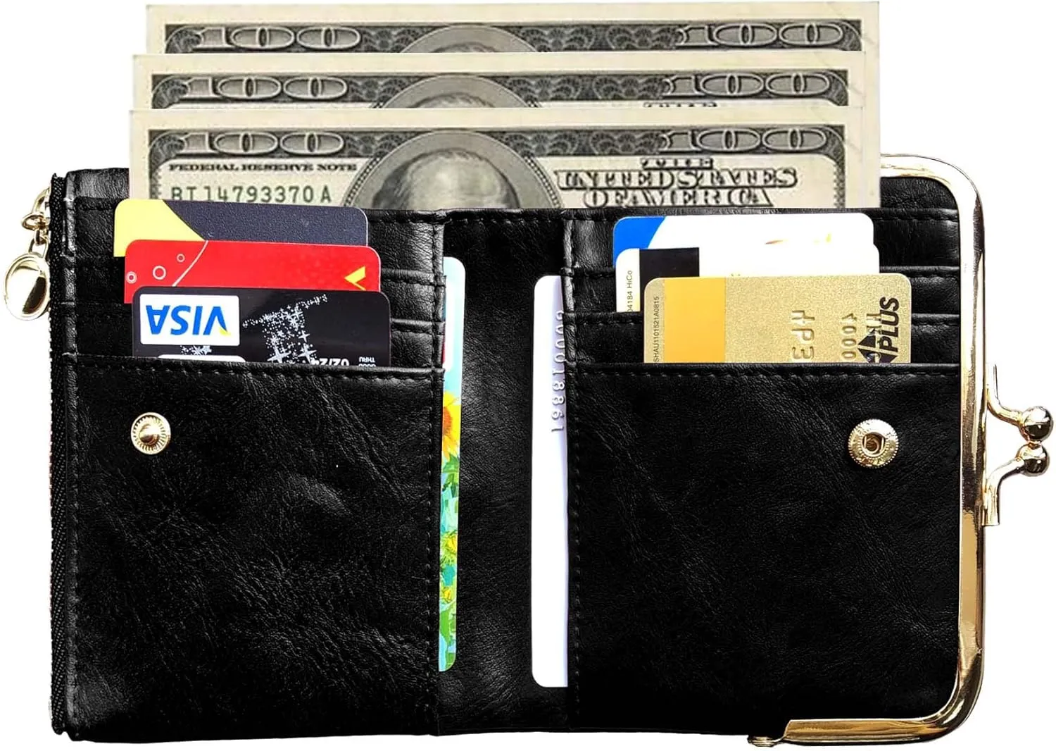 Womens Wallet Small Bifold Rfid Ladies Mini Vintage Coin Purse With Zipper and Kiss Lock (Black)
