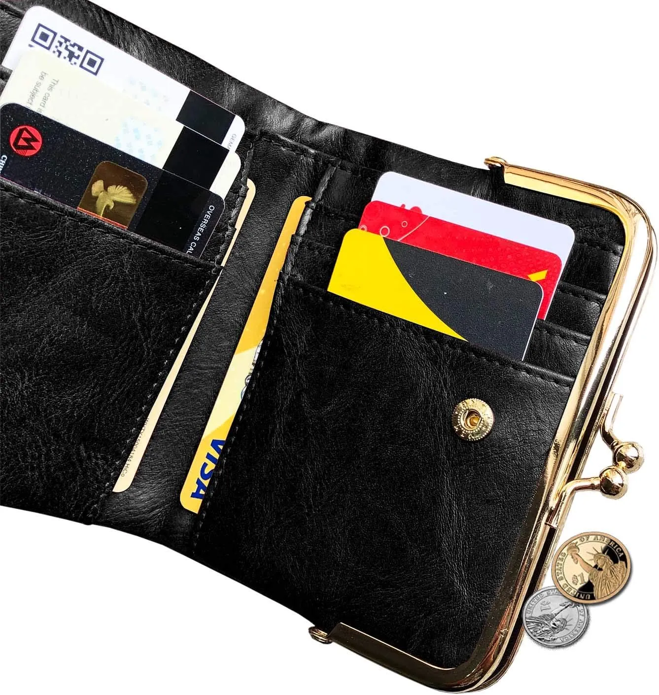 Womens Wallet Small Bifold Rfid Ladies Mini Vintage Coin Purse With Zipper and Kiss Lock (Black)