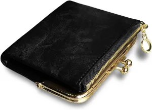 Womens Wallet Small Bifold Rfid Ladies Mini Vintage Coin Purse With Zipper and Kiss Lock (Black)
