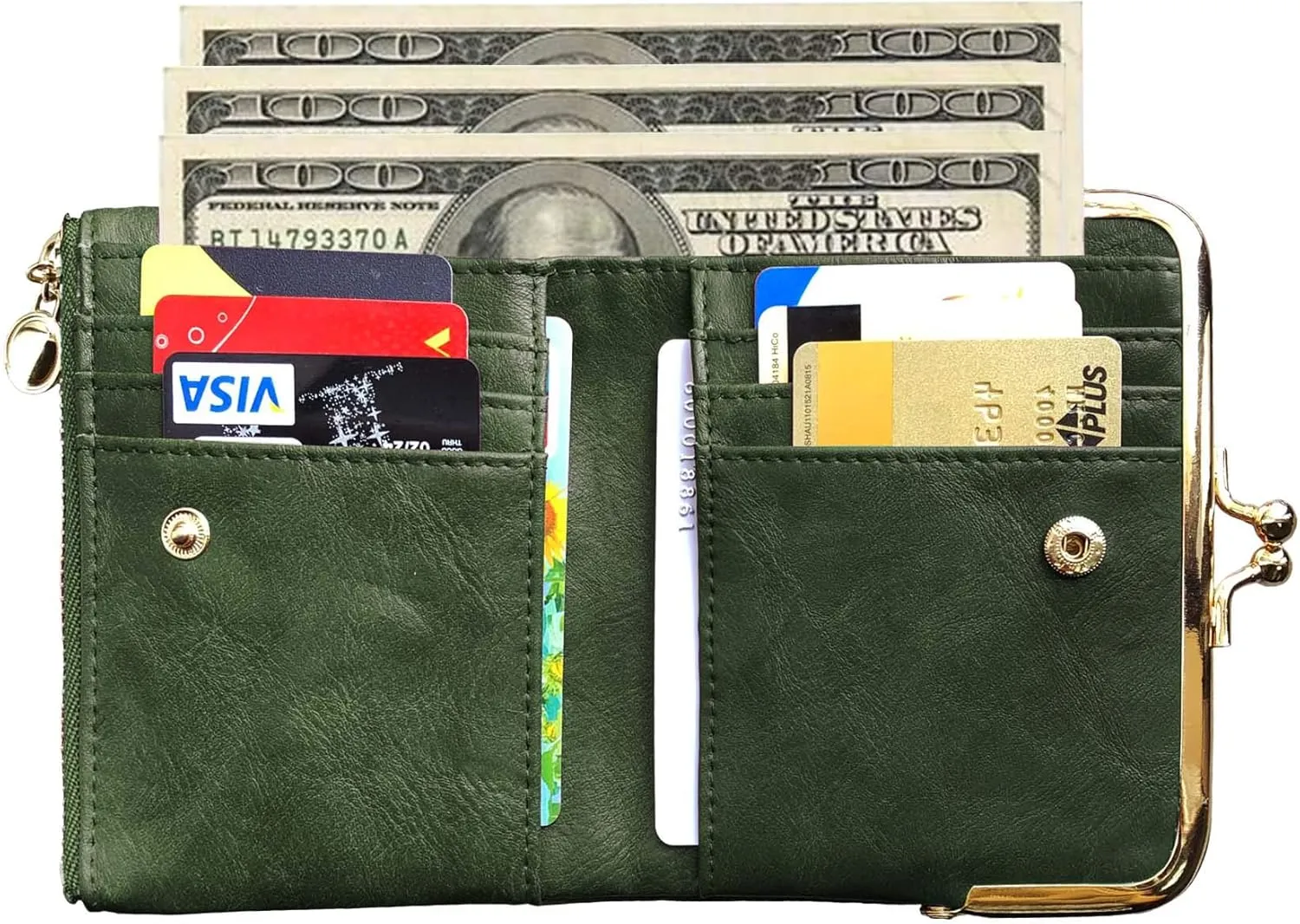 Womens Wallet Small Bifold Rfid Ladies Mini Vintage Coin Purse With Zipper and Kiss Lock (Green)