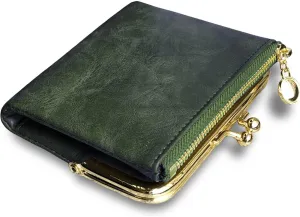 Womens Wallet Small Bifold Rfid Ladies Mini Vintage Coin Purse With Zipper and Kiss Lock (Green)