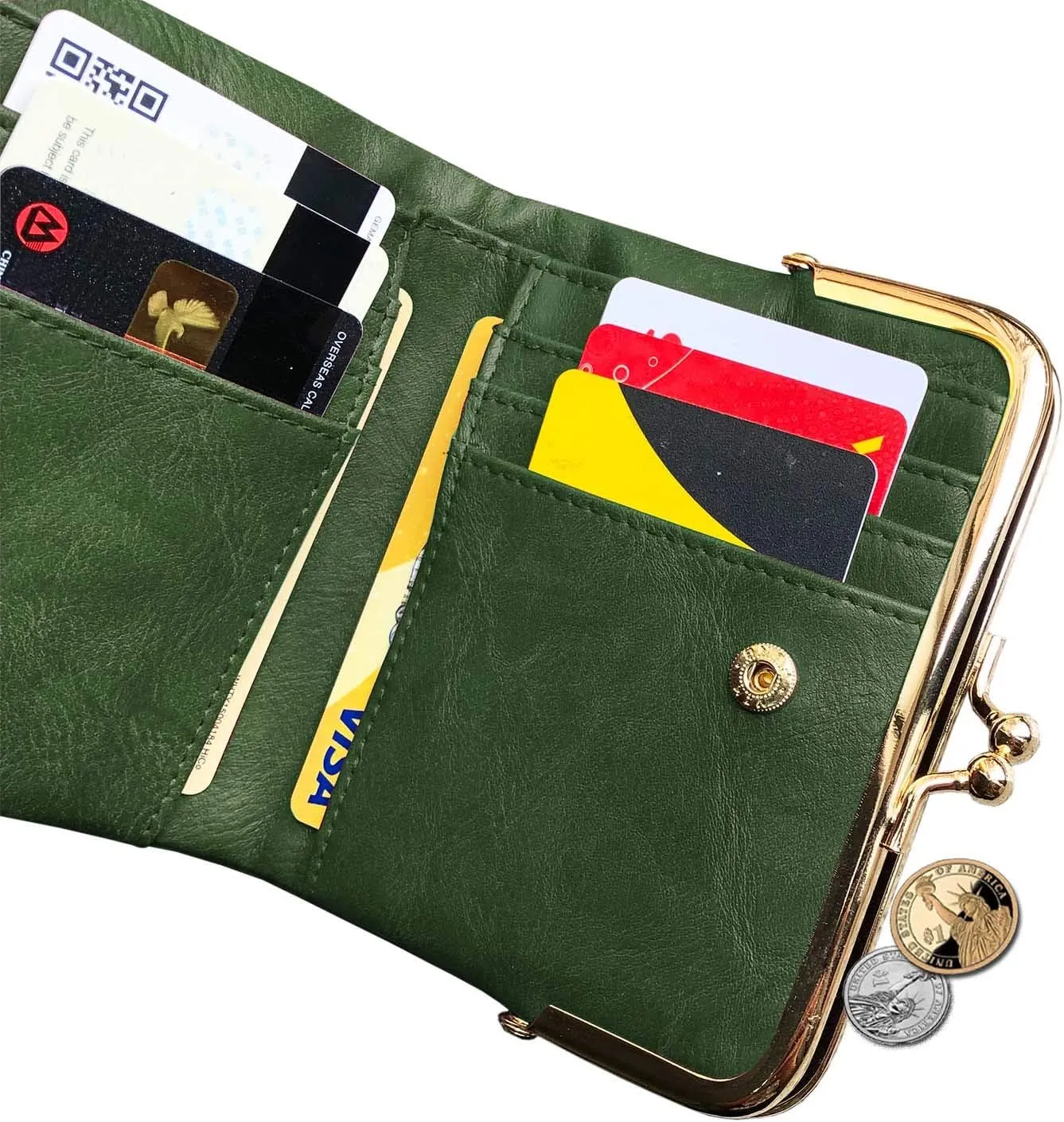 Womens Wallet Small Bifold Rfid Ladies Mini Vintage Coin Purse With Zipper and Kiss Lock (Green)