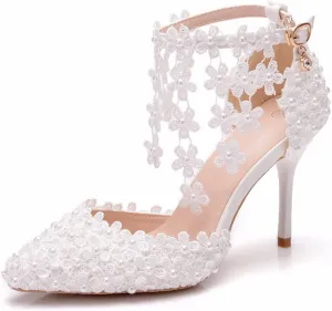 Women's White Lace Floral Stiletto High Heel Wedding Shoes, Sexy Pointed Closed Toe Bridal Heels Sandals, Ankle Strap Party Dress Bride D'Orsay Pumps