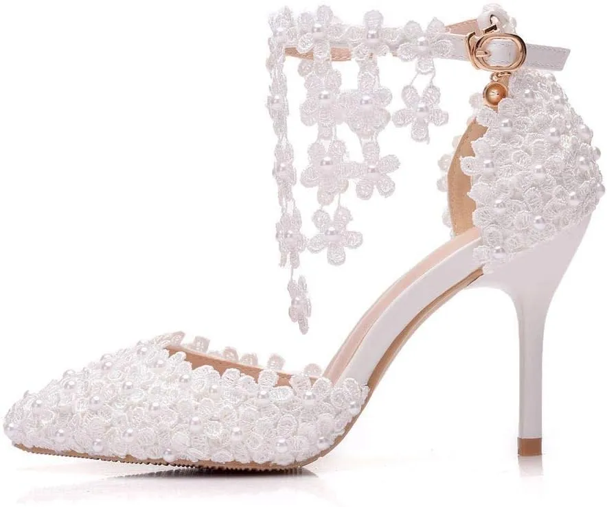 Women's White Lace Floral Stiletto High Heel Wedding Shoes, Sexy Pointed Closed Toe Bridal Heels Sandals, Ankle Strap Party Dress Bride D'Orsay Pumps