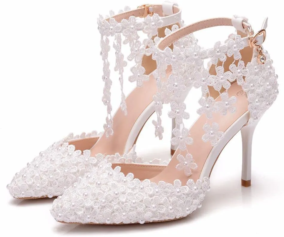 Women's White Lace Floral Stiletto High Heel Wedding Shoes, Sexy Pointed Closed Toe Bridal Heels Sandals, Ankle Strap Party Dress Bride D'Orsay Pumps