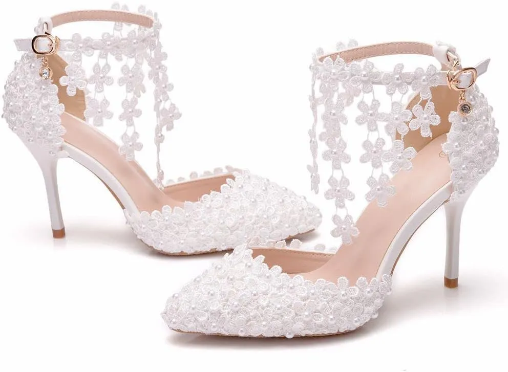 Women's White Lace Floral Stiletto High Heel Wedding Shoes, Sexy Pointed Closed Toe Bridal Heels Sandals, Ankle Strap Party Dress Bride D'Orsay Pumps