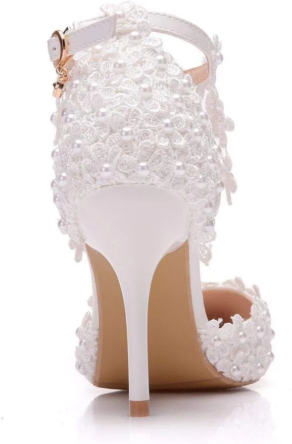 Women's White Lace Floral Stiletto High Heel Wedding Shoes, Sexy Pointed Closed Toe Bridal Heels Sandals, Ankle Strap Party Dress Bride D'Orsay Pumps