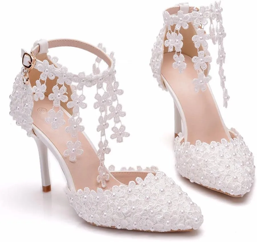 Women's White Lace Floral Stiletto High Heel Wedding Shoes, Sexy Pointed Closed Toe Bridal Heels Sandals, Ankle Strap Party Dress Bride D'Orsay Pumps
