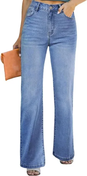 Womens Wide Leg Jeans High Waisted Straight Leg Stretchy Baggy Trendy Casual Denim Pants with Pockets