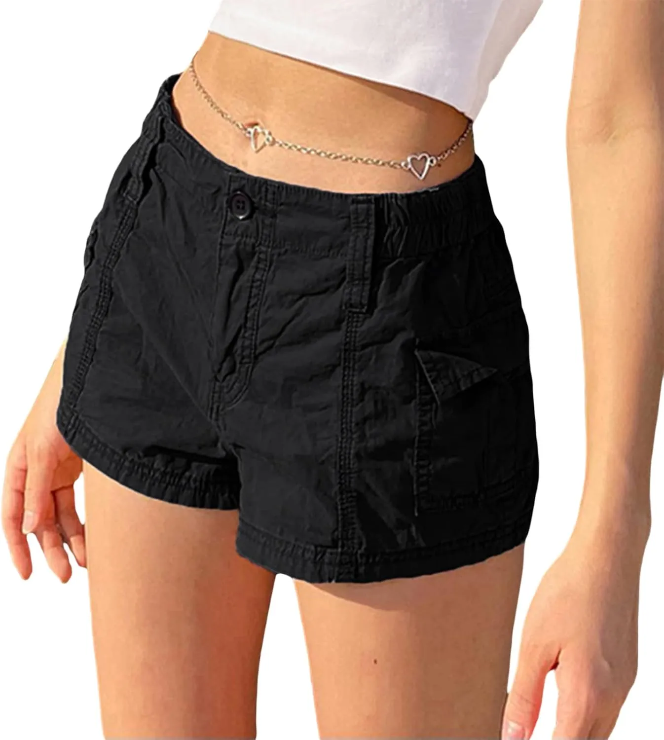 Womens Y2k Cargo Shorts Low Elastic Shorts E-Girl Slim Fit Cargo Micro Short Sweatpant Harajuku Streetwear