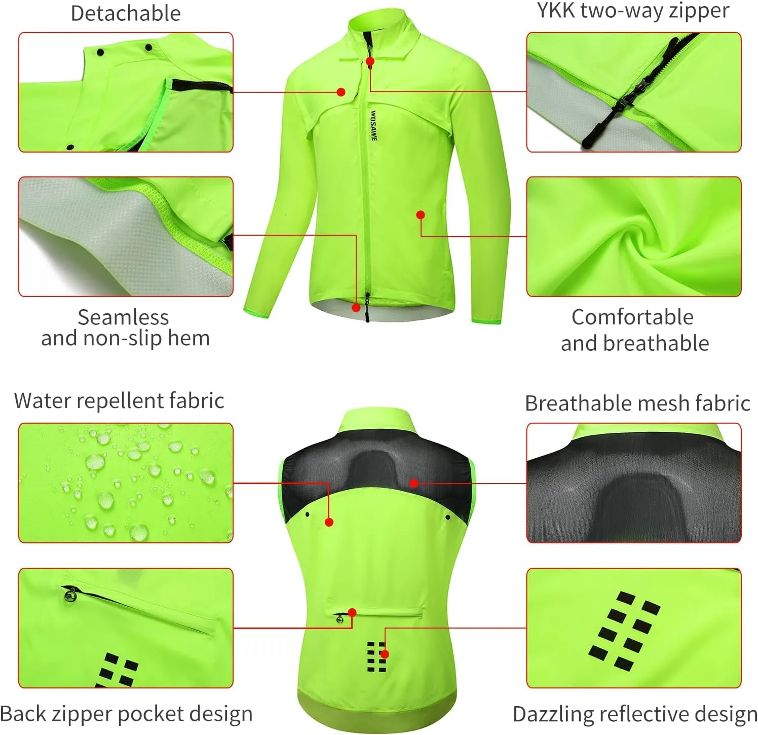 WOSAWE 2 in 1 Cycling Jacket Men Convertible Biking Vest Lightweight Reflective Windbreaker