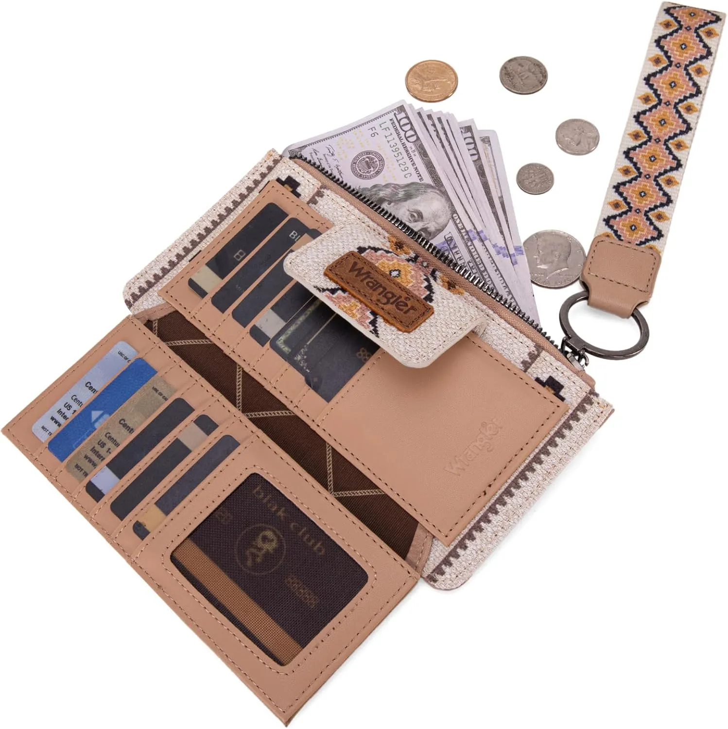 Wrangler Wallet Purse for Women Aztec Clutch Wristlet Wallet with Boho Credit Card Holder