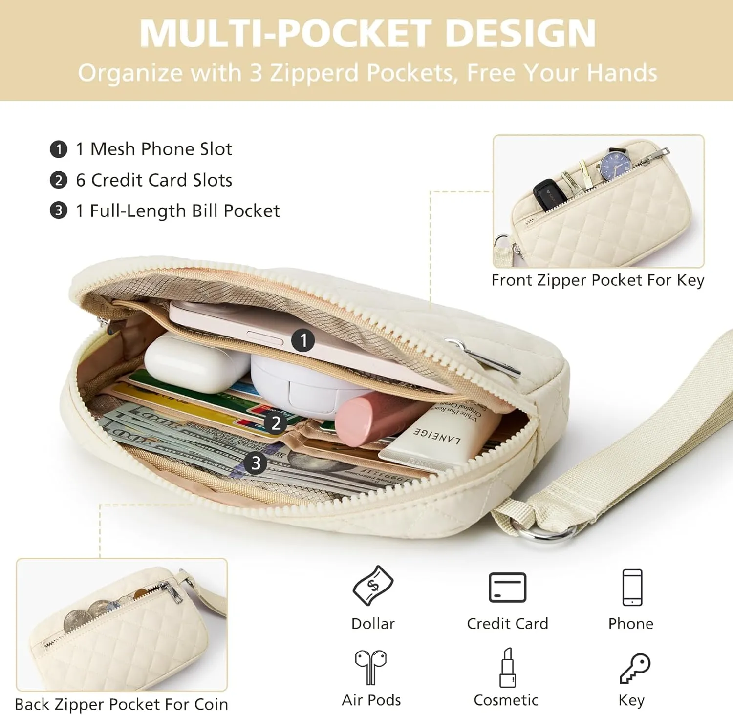 Wristlet Wallets Women RFID Card Holder 7.9" Phone Wallet Small Purse 3 Zipper Quilted Nylon Clutch Bag Daily Travel