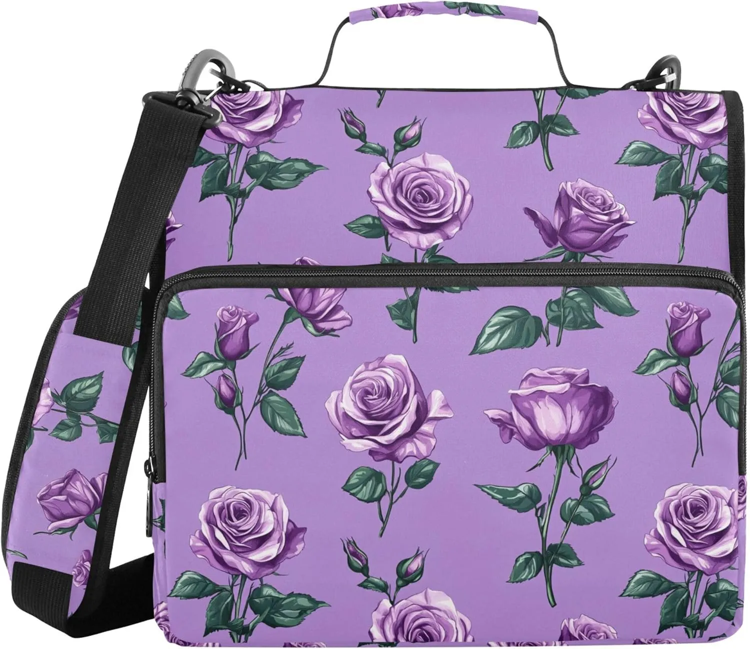 Wudan Beauty Rose Purple Binder Zipper Organizer with Shoulder Strap & Handle Waterproof 1.5 Inch 3 Rings Pencil Case Portfolio Binder Home Travel Cards Storage Container