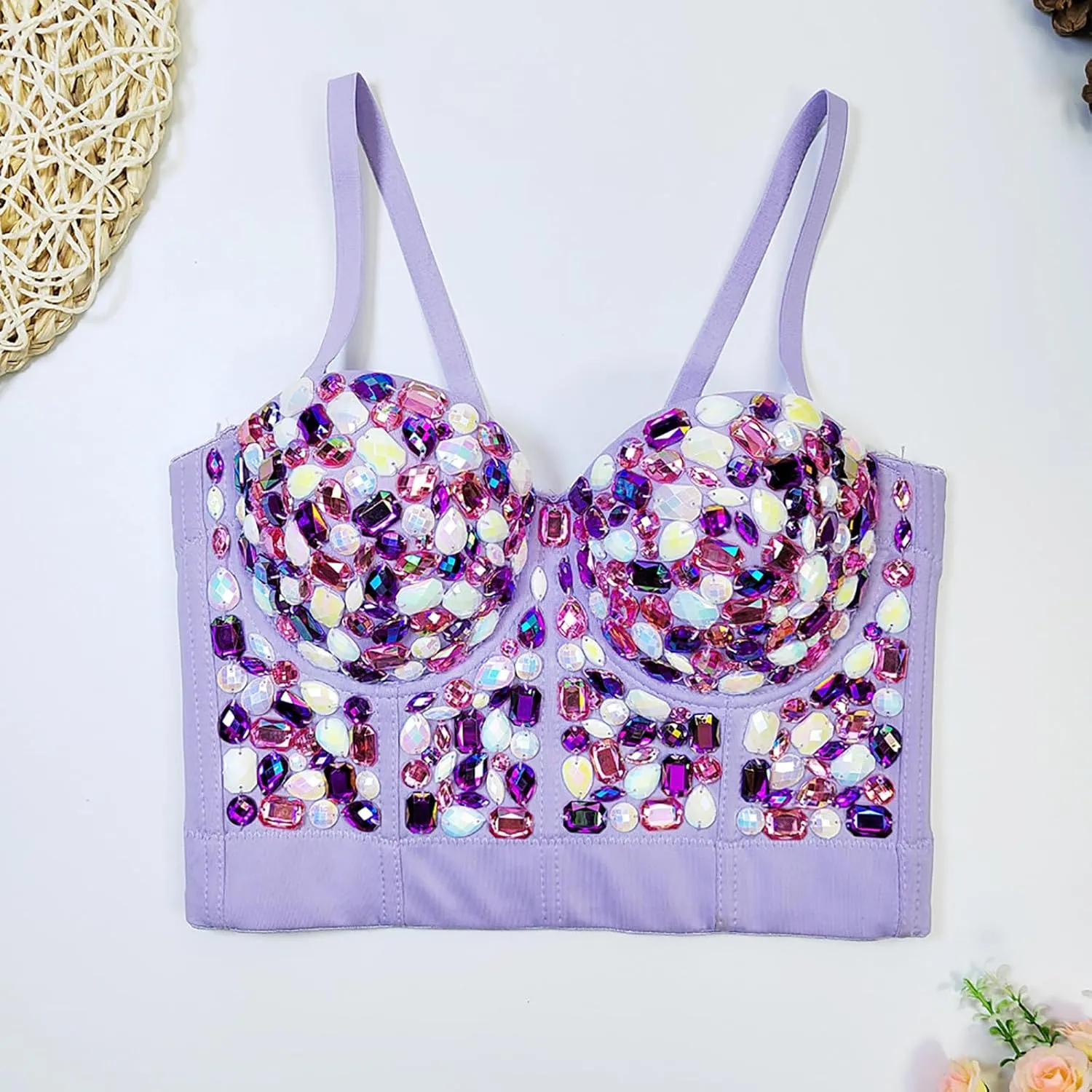 Xiaojmake Women's Handmade Rhinestone Bustier Colorful Diamond Sexy Push Up Bra Bustiers Punk Goth Crop Top Corset Vest
