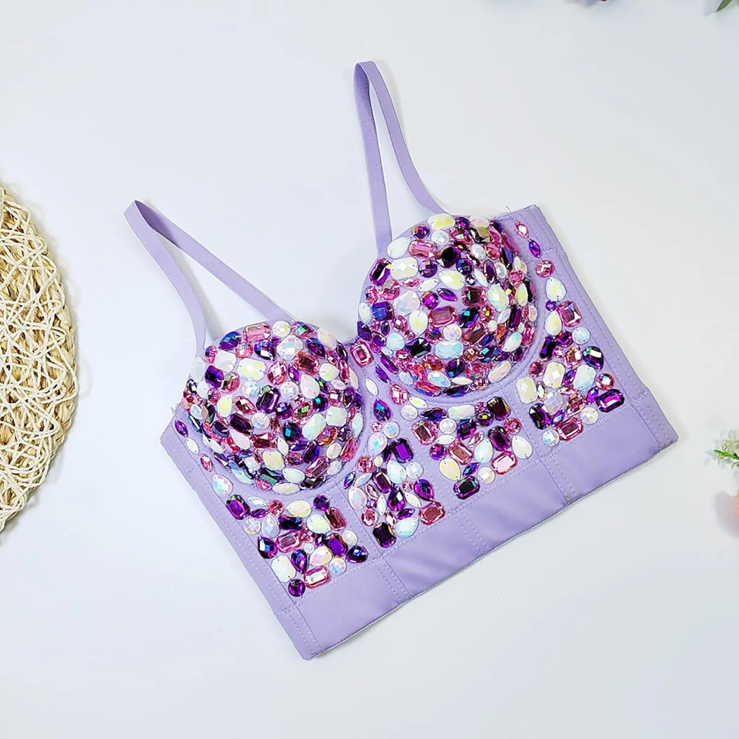 Xiaojmake Women's Handmade Rhinestone Bustier Colorful Diamond Sexy Push Up Bra Bustiers Punk Goth Crop Top Corset Vest