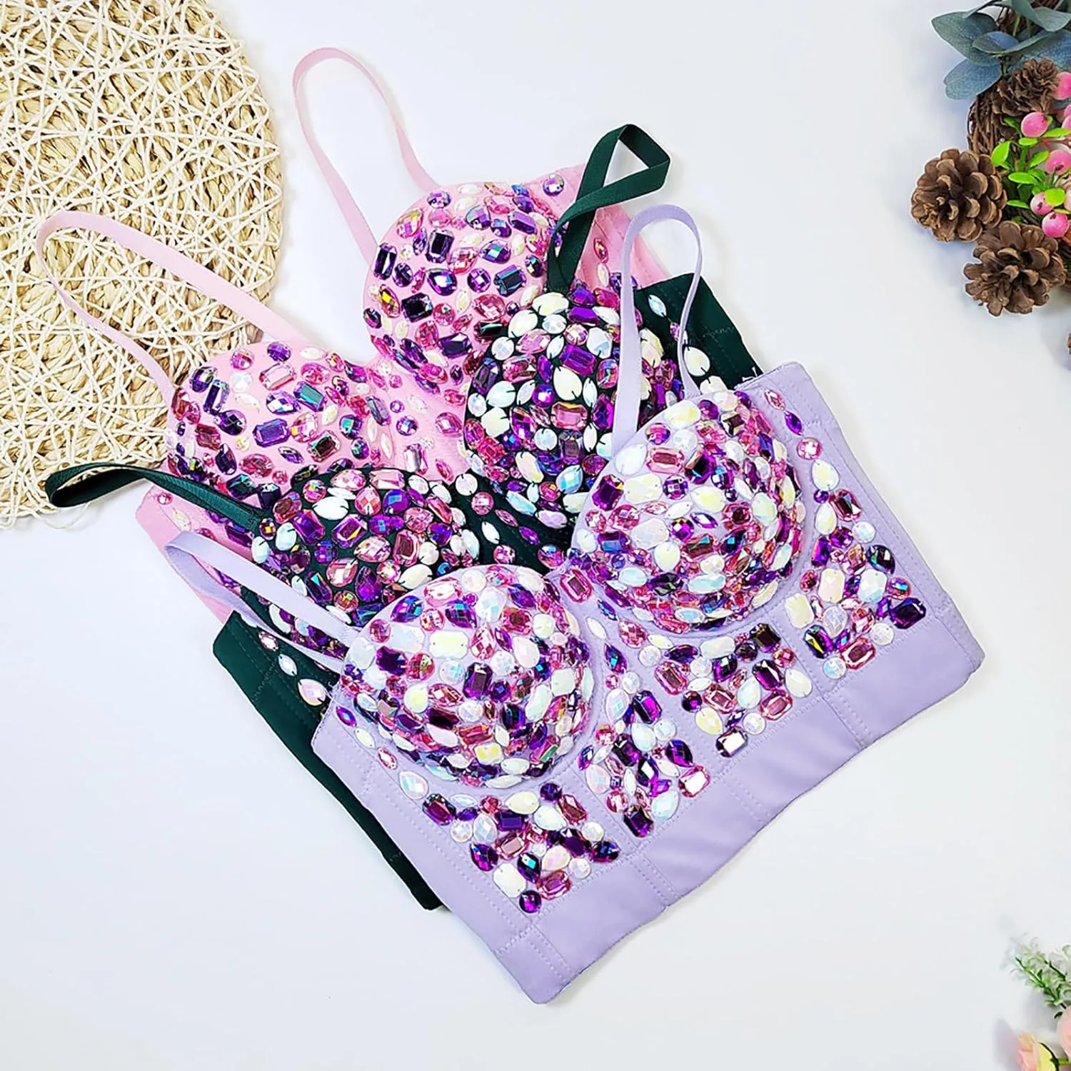 Xiaojmake Women's Handmade Rhinestone Bustier Colorful Diamond Sexy Push Up Bra Bustiers Punk Goth Crop Top Corset Vest