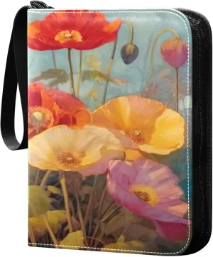 xigua Colorful Herbal Wildflower Card Binder 4-Pockets, Trading Card Binder 400 Pockets Baseball Card Binder Waterproof PU Leather Card Collection Binder for Games Card Album Card