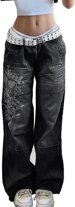 Xineicy Women's Low Rise Heart Pattern Baggy Jeans Washed Wide Leg Denim Cargo Pants